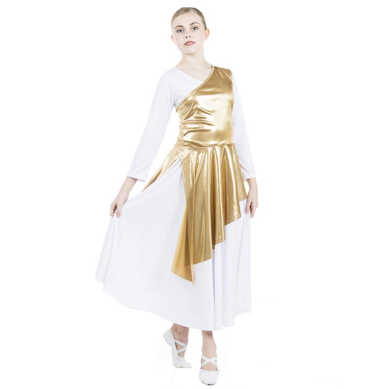 Danzcue Girlâ€™s Asymmetrical Dance Tunic Praise Dance Tunic for Girl (White Dress Not Included), Gold, Large-X-Large - Image 1